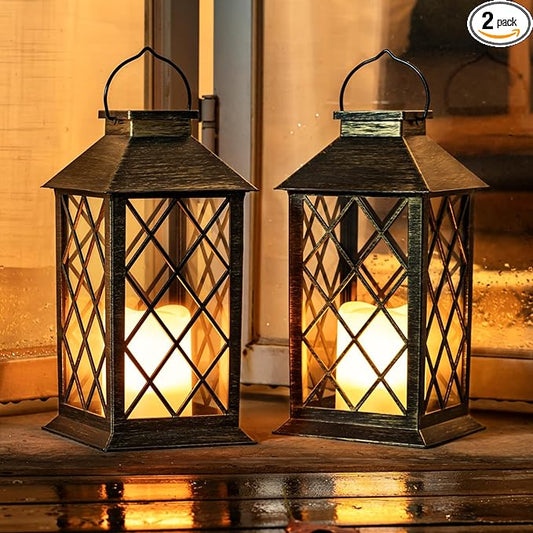Homemory Solar Lanterns Outdoor Waterproof Hanging with Flickering Flameless Candles, 2 Pack Garden Outdoor Lantern Decorative for Patio Front Porch Backyard Balcony Cabin Outside (Bronze)-VerdiqueGarden