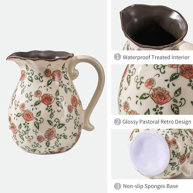 Green and White Vintage Vase with Handle, Red Rose Chinoiserie Floral Pitcher Vase, Rustic Ceramic Farmhouse Vases for Home Decor, Living Room, Bookshelf, Office, Grand Millennial Decor 7.9 Inch-VerdiqueGarden