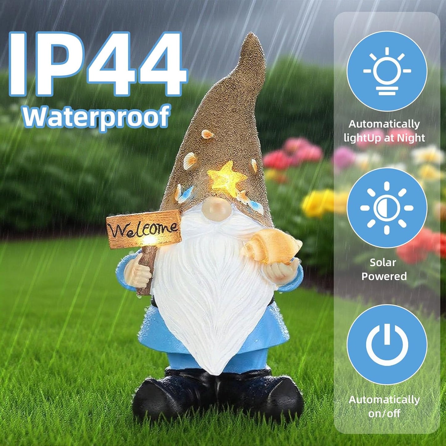 Solar Garden Gnomes Decor Outdoor Statue - Gnome Welcome Sign with LED Waterproof Sculptures Lights, Gnome Pond/Yard Statues Outside Decoration, Home, Lawn, Patio, Resin Ornament, Gardening Gift-VerdiqueGarden