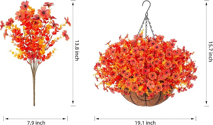 Artificial Fake Fall Autumn Hanging Mums Flowers Plants Basket for Outdoor Outside Decor, Faux Silk Orange Dasiy Flower Look Real UV Resistant for Porch Home Patio Garden Decoration-VerdiqueGarden