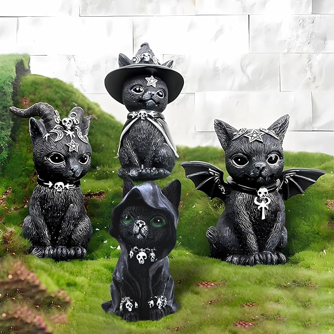 4PCS Set Cats Garden Decor Cat Gnome Statues for Outdoor Halloween Cat Figurine Cat Lover Idea Cute Cat homedecor Waterproof Figurines Lawn Ornaments-VerdiqueGarden