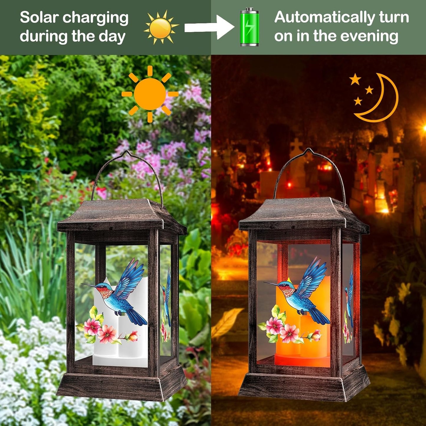 Hummingbird Solar Lanterns Outdoor, Metal Glass Hanging Solar Lights, Gardening Gifts for Mom Women Mother's Day, Waterproof Garden Decor Decorative Lights for Outside Yard Porch Patio Decorations-VerdiqueGarden
