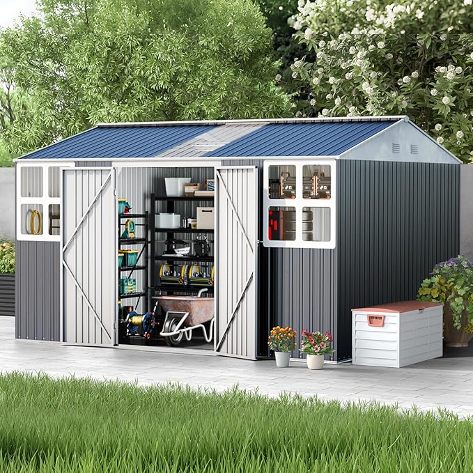 12x10 FT Metal Sheds & Outdoor Storage: Heavy Duty Garden Sheds with Dual Transparent Panels, 2x4-Pane Windows & Hinged Double Doors, Weatherproof Tool Shed for Backyard, Garden, Patio, Grey/White-VerdiqueGarden