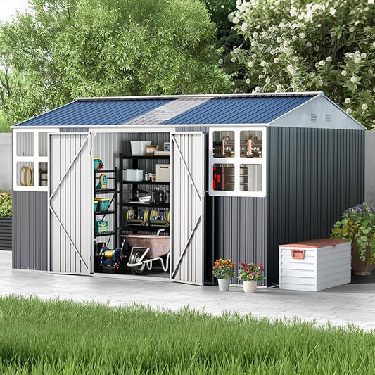 12x10 FT Metal Sheds & Outdoor Storage: Heavy Duty Garden Sheds with Dual Transparent Panels, 2x4-Pane Windows & Hinged Double Doors, Weatherproof Tool Shed for Backyard, Garden, Patio, Grey/White-VerdiqueGarden