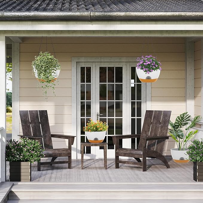 12 Inch Hanging Baskets 2 PC with Chains, Self-Watering Hanging Planters for Indoor Outdoor Plants, Plastic Hanging Flower Pots,White Brown-VerdiqueGarden