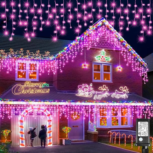 Christmas Icicle Lights Outdoor, 66Ft 640 LED Icicle Lights for Outside with 8 Modes Timers, Waterproof Plug in Twinkle String Light for House Yard Eave Patio Party Holiday Decorations, Pink-VerdiqueGarden