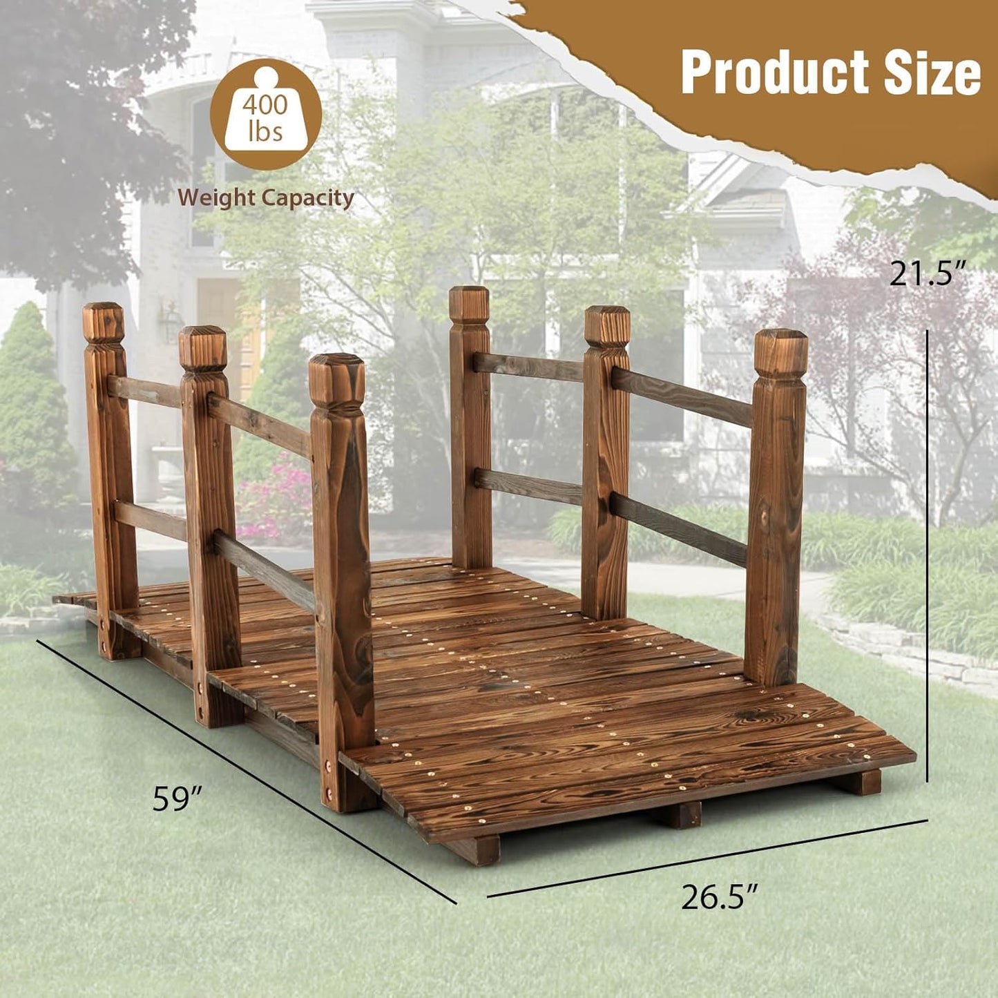 Giantex 5 ft Garden Bridge - Stained Wood Arc Footbridge Walkway with Side Railings, Decorative Wooden Bridge Landscaping for Backyard Farm Garden Creek Pond Decor, Easy to Assemble (Stained Brown)-VerdiqueGarden