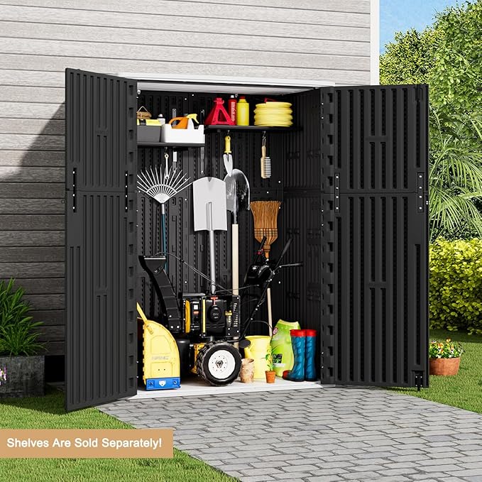 KINYING Outdoor Vertical Storage Shed,57 Cu.ft Outdoor Storage Cabinet Waterproof,Resin Sheds & Outdoor Storage Clearance for Garden,Patio,Backyard,Lockable (Black)-VerdiqueGarden