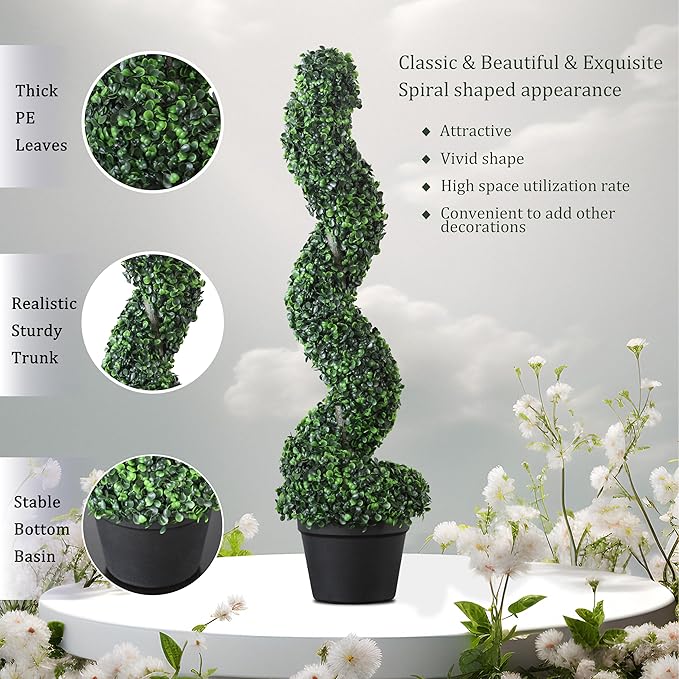 39 inchBoxwood Artificial Cedar Spiral Topiary Trees – Decorative Fake Greenery in Planter Pots for Front Porch, Outdoor Walkway, Entryway Decorating, Set of 2-VerdiqueGarden