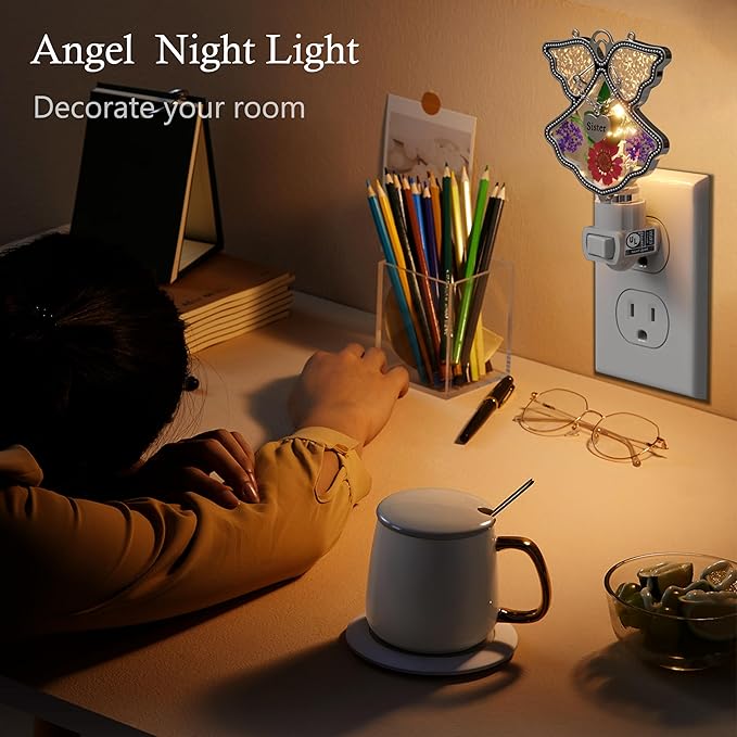 KY&BOSAM Angel Sister Night Light Flower in Glass with Metal Trim Sister Heart Night Light Nursery Bedroom Bathroom Decorative Accent Lite Elegant Home Decoration, Guardian Butte-VerdiqueGarden