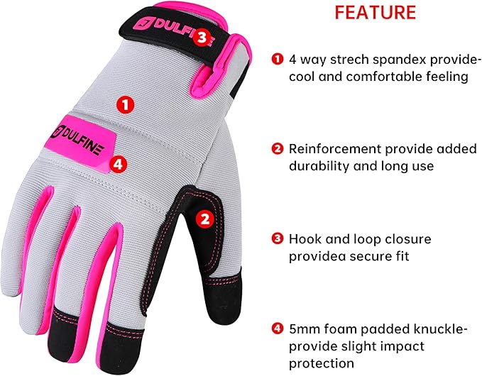 DULFINE Work Gloves for Women,Flexible Breathable Fit-Padded Knuckles & Palm,Touch Screen,Ideal for Gardening Yardwork Warehouse-VerdiqueGarden