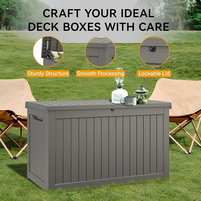 NUNU LAB 230 Gallon Large Resin Deck Box, Waterproof Outdoor Storage Box, Lockable Storage Bin for Patio Furniture, Garden Tools, Pool Accessories, UV-Resistant & All-Weather, Grey-VerdiqueGarden