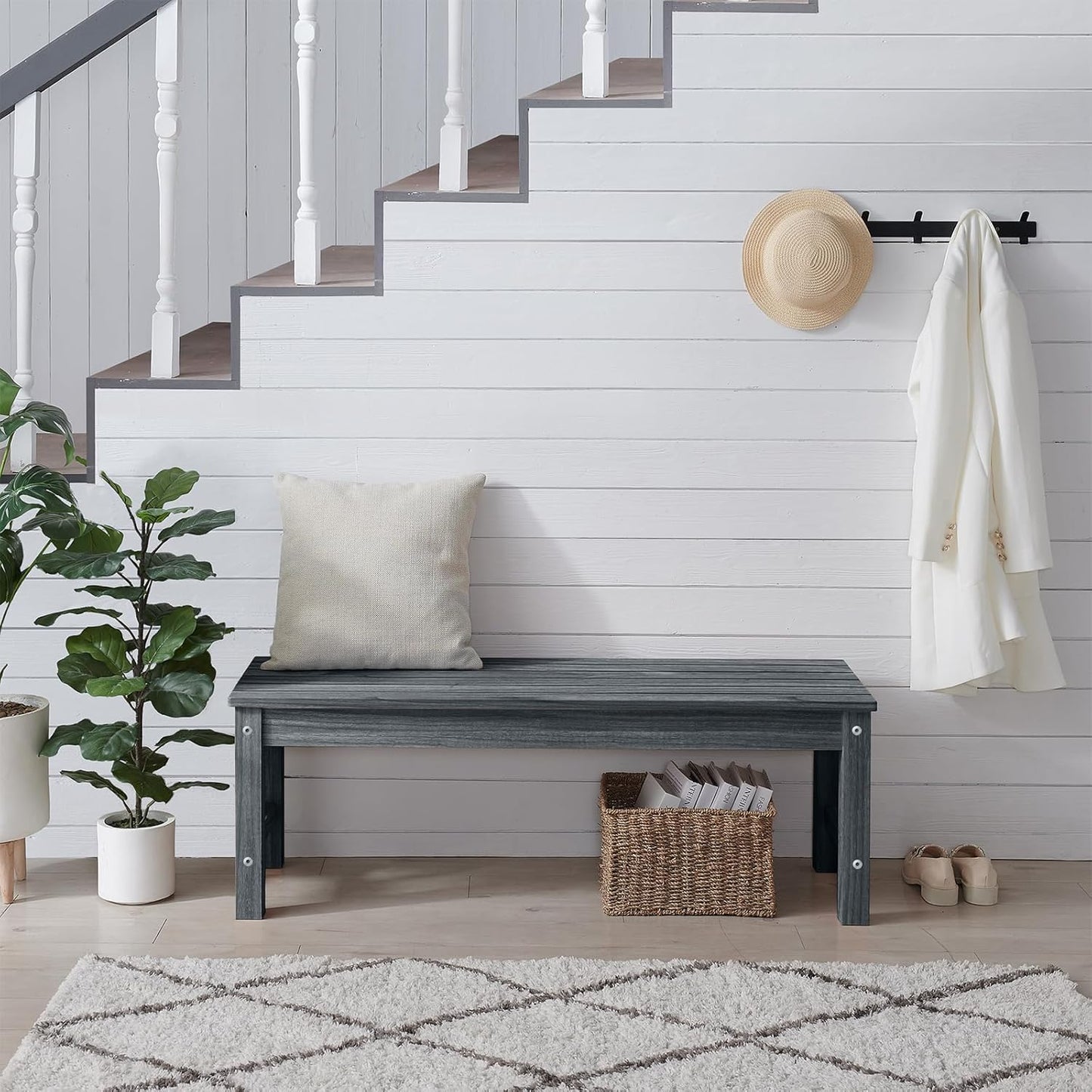 Psilvam 2-Person Outdoor Poly Lumber Patio Backless Bench, Fade-Resistant & Odor-Free Poly Lumber Patio Furniture, Weatherproof, Suitable for Garden, Porch and Park, 700 Lbs Support (1, Dark Grey)-VerdiqueGarden