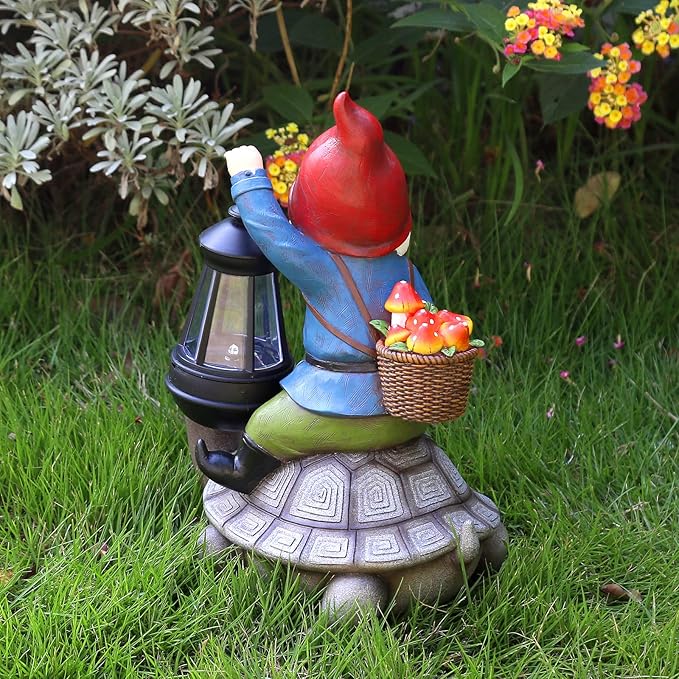 Gnome and Turtle Garden Decor, Large Outdoor Garden Sculptures & Statues, Outside Patio Yard Lawn Decorations, Housewarming for Women, Mom, Grandma with Solar Lantern-VerdiqueGarden