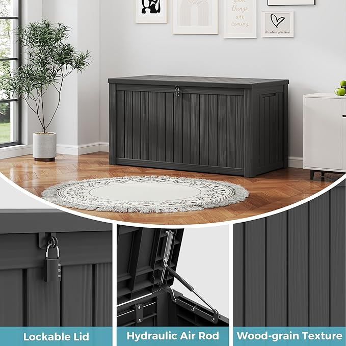 KAMABOKO Outdoor Storage Box, 150 Gallon Large Outdoor Resin Deck Box, Storage Waterproof Boxes Lockable Lid for Garden Tools, Pool Supplies, Patio Furniture and Cushions, Black-VerdiqueGarden