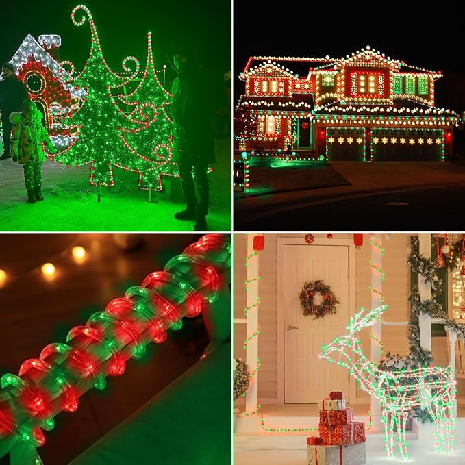50ft LED Rope Lights Outdoor, 360 LED Connectable and Flexible Tube Lights with 8 Modes, Waterproof LED Rope Lighting for Garden Patio Pool Bedroom PartyIndoor Outdoor Christmas Decor (Red & Green)-VerdiqueGarden