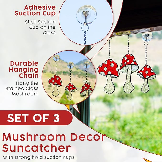SENSORY4U Fly Agaric Hand-Painted Mushroom Stained Glass Suncatcher 3-Pack - Moon and Toadstool Window Hanging Ornaments - Nature-Inspired Home Décor for Plant and Mushroom Lovers-VerdiqueGarden