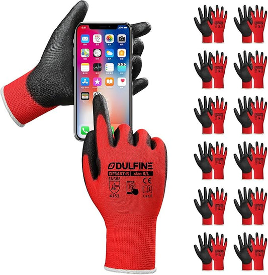 DULFINE Safety Work Gloves PU Coated for Men and Women-12 Pairs,Red Seamless Knit Glove with Two Fingers Touchscreen,Ideal for General Duty Work (Large)-VerdiqueGarden