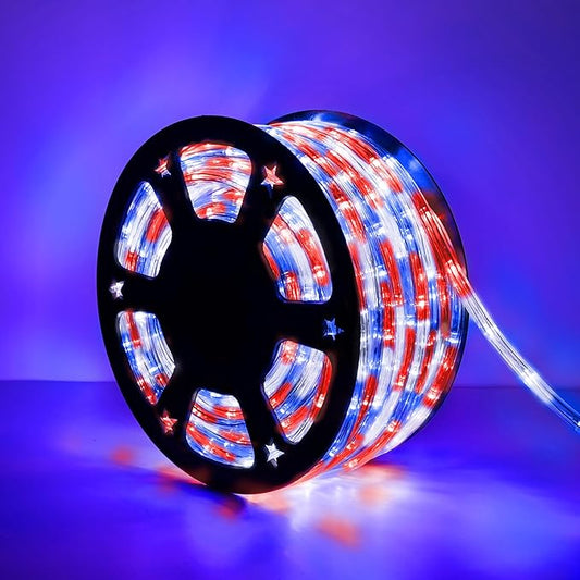 100ft LED Rope Lights Outdoor, 720 LED Connectable & Flexible Tube Lights with 8 Modes, Waterproof LED Rope Lighting for Independence Flag Day, Memorial Day, Outdoor,Indoor Decor (Red & White & Blue)-VerdiqueGarden