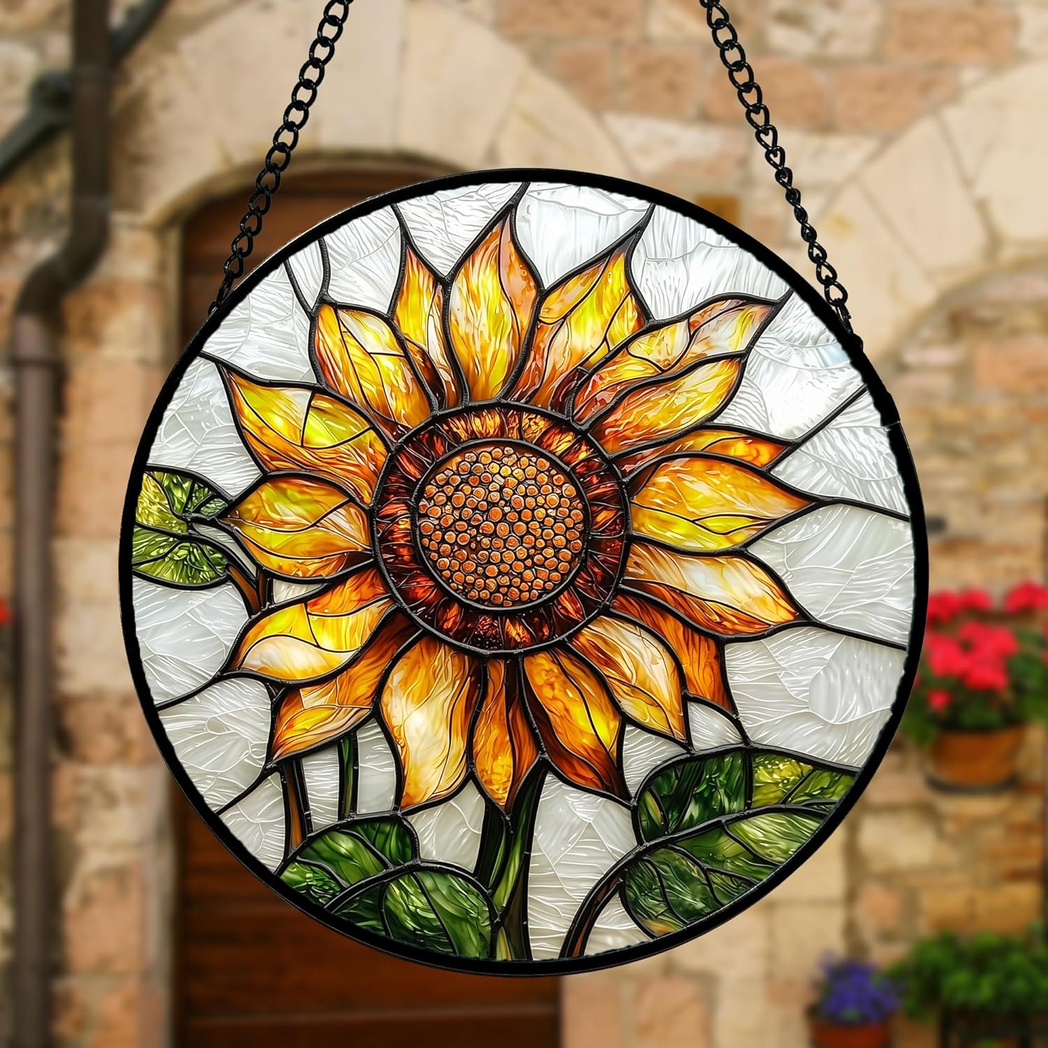 Stained Glass Window Hanging - Sunflower Flower Suncatcher Ready to Hang Window Doors Home Decoration and Christmas, Mother's Day Birthday Gifts for Women, Men, and Mom 7.8x7.8 in-VerdiqueGarden