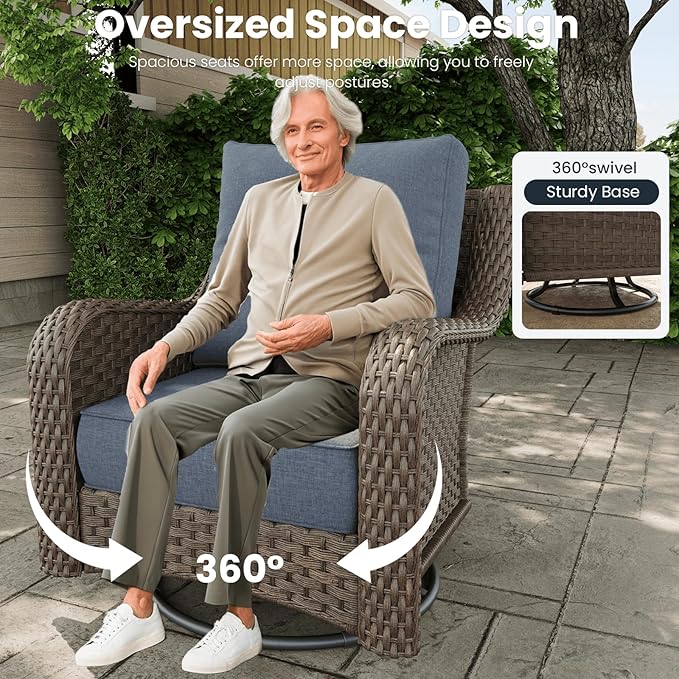 10 Pieces Outdoor Patio Furniture Sets with Rocking Swivel Chairs with 6-inch Thick Cushion and Fire Pit Table for Deck Lawn-VerdiqueGarden