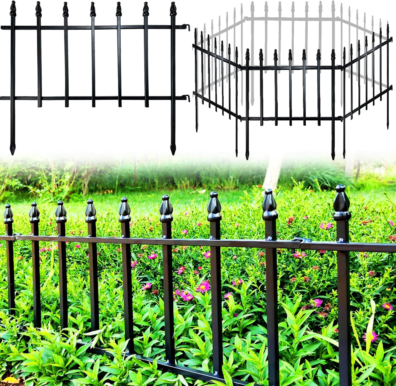 Metal Decorative Garden Fence 22" Wide x 18" High (5 Panels, Total Length 9.17 feet), Metal Border Folding Fence, Landscape Fencing for Flower Bed, Yard, Animal Barrier-VerdiqueGarden