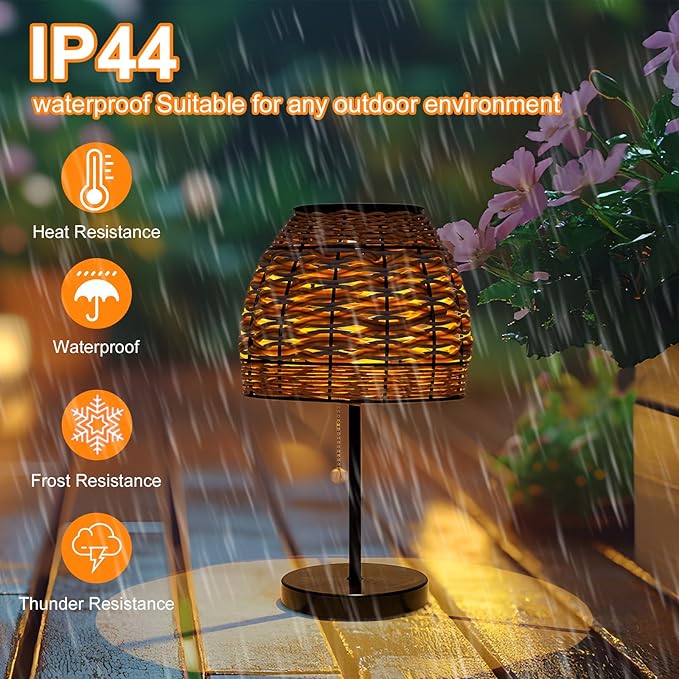 Outdoor Solar Table Lamp,3 Color Temperatures Bedside Lamps with USB-C Ports,Boho Desk Lamps Pull Chain Table Lamps with Black Metal Base for Garden,Yard,Patio,Lawn Outdoor Decor-VerdiqueGarden