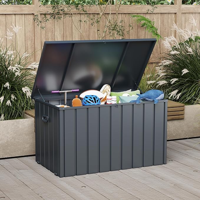 Domi Outdoor Storage Deck Box 100 Gallon, Outdoor Deck Box with Waterproof Storage Bag for Outside Cushions, Garden Tools and Pools Equipment, Gray-VerdiqueGarden
