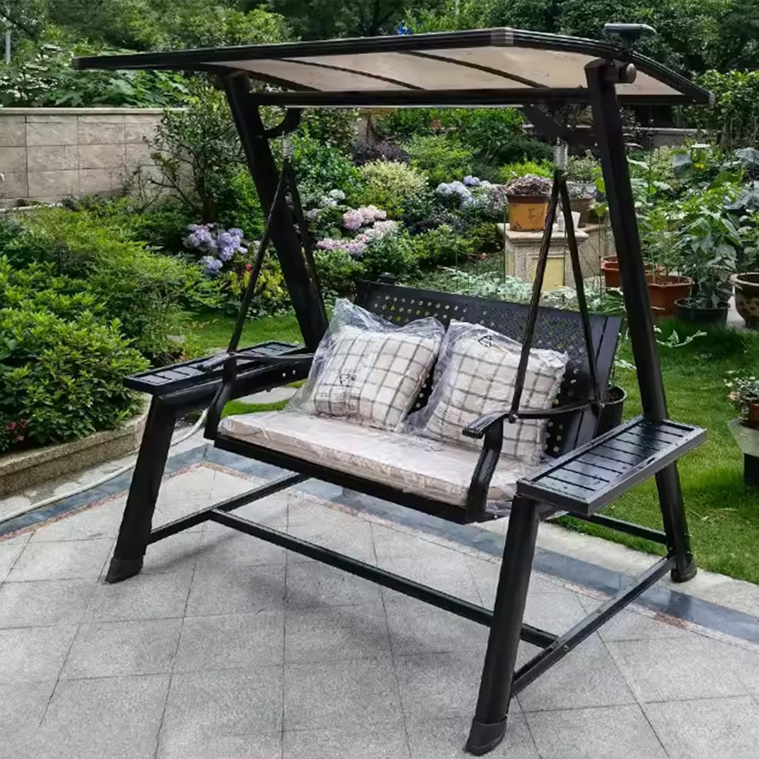 2/3-Seat Outdoor Patio Porch Swing with Adjustable Aluminum Alloy Canopy Solar Patio Swing Chair Bench with Footrest Side Cup Holder for Backyard Lawn (L-Aluminum Mesh Red Copper-2 Seat)-VerdiqueGarden