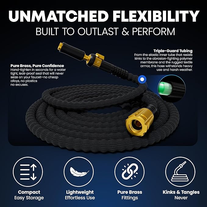 TITAN Flexible Garden Hose 15FT – Ultra Lightweight, Heavy Duty Water Hose with Brass Fittings & Jet Nozzle – Kink-Free, Non-Expanding, Durable Fabric Hose for Yard, Lawn, Car Wash, Outdoor Use-VerdiqueGarden