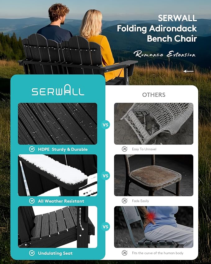 SERWALL Folding Adirondack Bench, HDPE All-Weather Adirondack Loveseat, 660 lbs Capacity, Foldable Outdoor Patio Bench for Deck, Lawn, Garden, Black-VerdiqueGarden