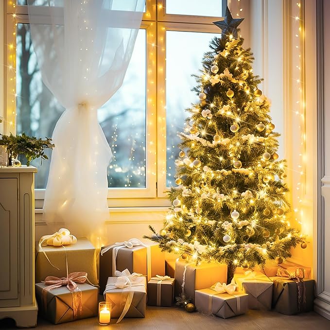 JMEXSUSS Connectable Warm White String Lights Indoor Bedroom, 8 Modes Christmas String Light Plug in Classroom Lights, 33ft 100 LED Fairy Twinkle Light Outdoor for Classroom Christmas Tree Decor-VerdiqueGarden