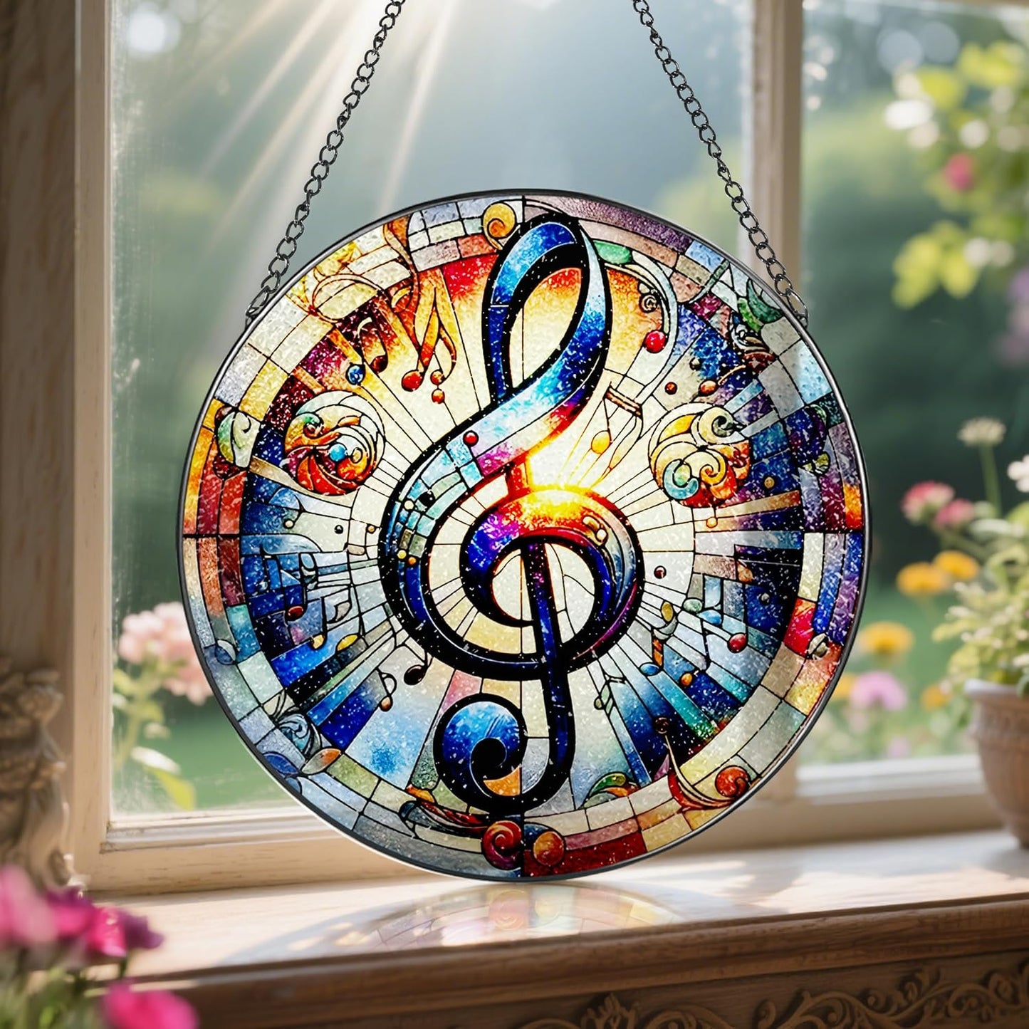 Stained Glass Window Hanging, LAOWEIKI 8'' Musical Note Suncatcher, Stained Glass Ornament, Suncatchers for Windows Hanging, Window Decor, Outdoor or Indoor, Gifts for Friends, Music Lover-VerdiqueGarden