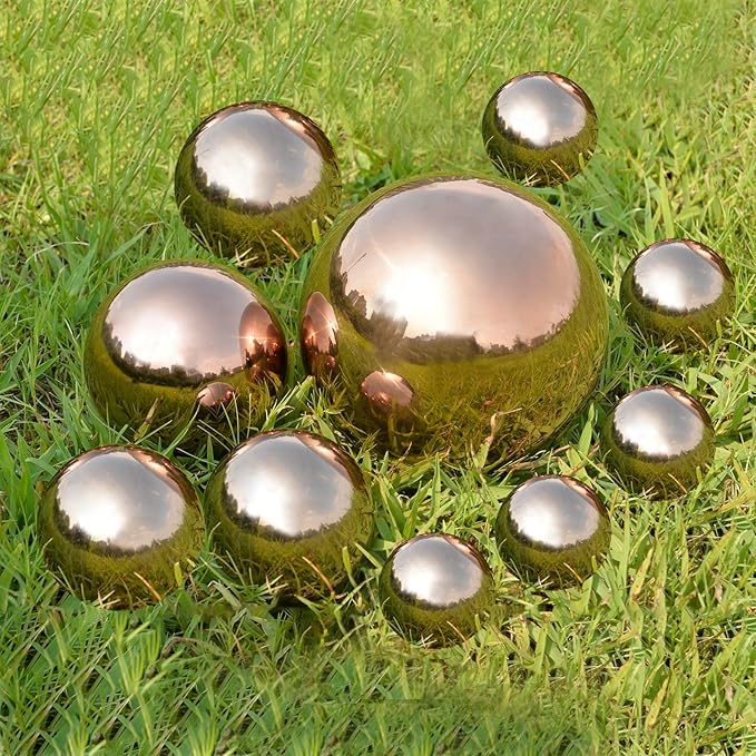 Nerien Gazing Ball, Stainless Steel Garden Mirror Globe, Polished Ornament Sphere, Hollow Floating Reflective Hemisphere, for Home Outdoor Pond Housewarming Swimming Pool Decoration, Rose Gold, 8Pcs-VerdiqueGarden