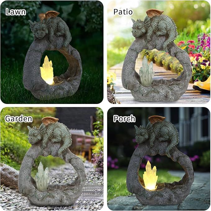 Solar Powered Dragon Statue ，Garden Decor with Crystal LED Lights Handmade Waterproof Resin Dinosaur Outdoor Patio Lawn Sculpture Perfect Christmas (Crystal Dragon)-VerdiqueGarden