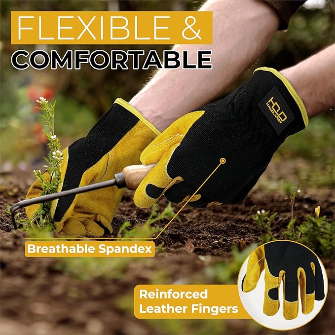 HANDLANDY Leather Work Gloves for Men & Women, Reinforced Durable Garden Gloves, Cowhide Working Glove for Gardening-VerdiqueGarden
