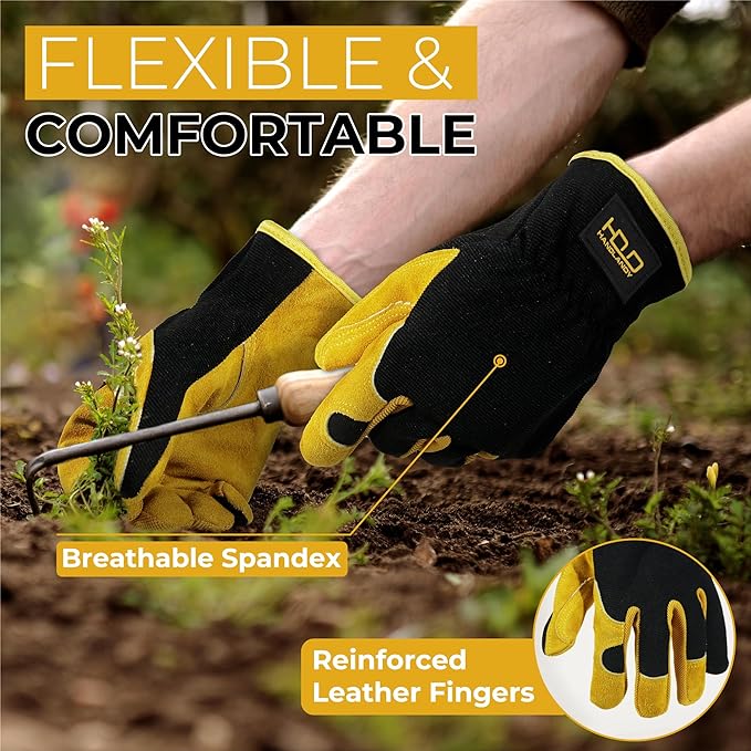 HANDLANDY Leather Work Gloves for Men & Women, Reinforced Durable Garden Gloves, Cowhide Working Glove for Gardening-VerdiqueGarden