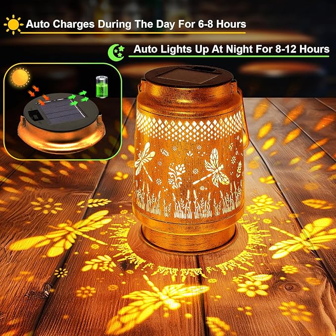 2 Pack Solar Lanterns Outdoor Garden Decor with Shepherd Hook, Gardening Gifts for Mom Grandma Women Dragonfly Metal Decor Lantern Waterproof Solar Lights LED Decorative for Garden Yard Patio-VerdiqueGarden