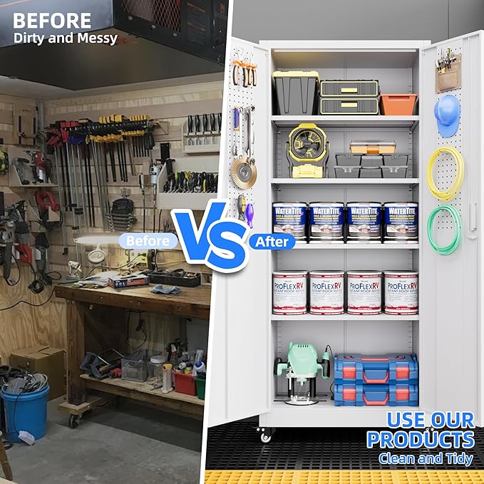 73" H Metal Garage Storage Cabinet with Wheels & Pegboard,Rolling Tool Cabinet with 2 Doors and 4 Shelves for Garage,Home,Office,Warehouse,Workshop, Required-Assembly,White-VerdiqueGarden