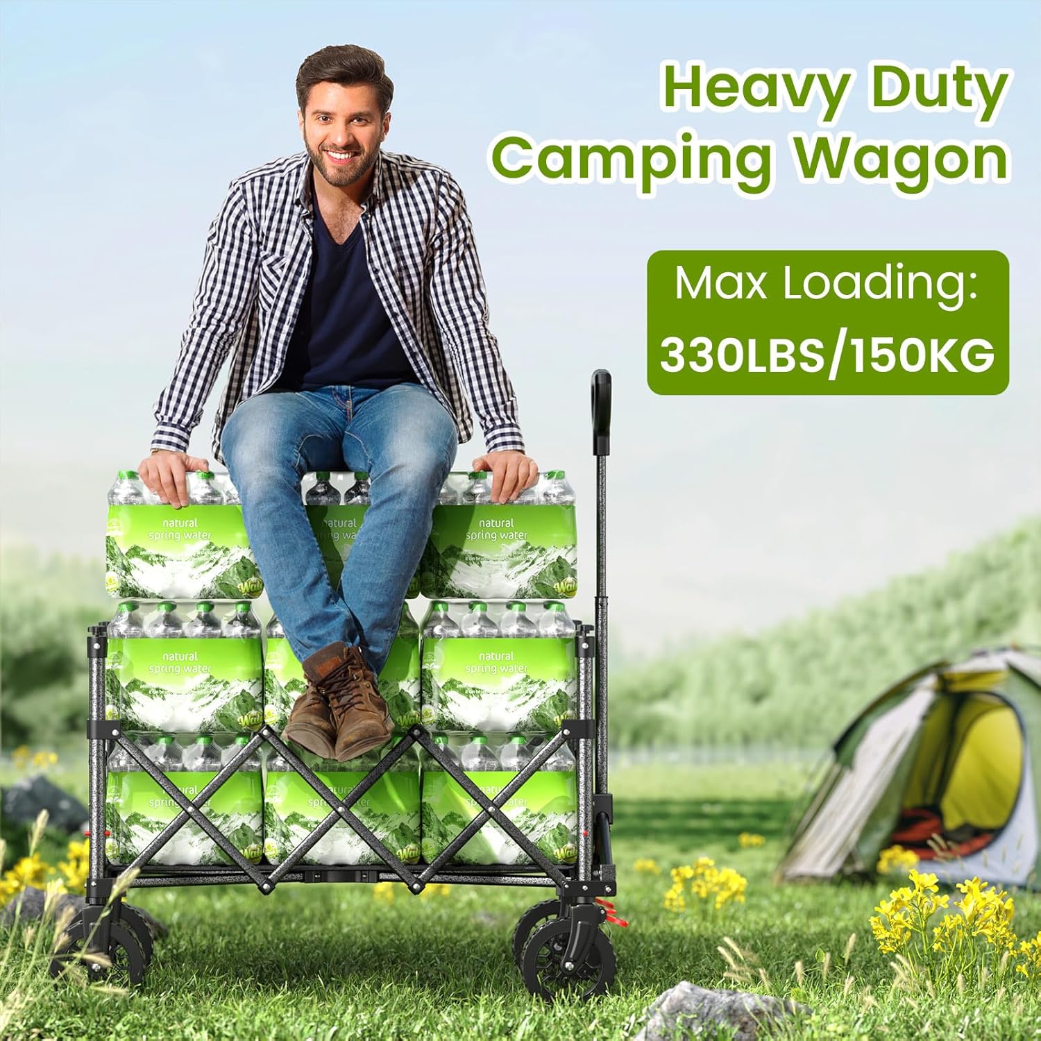 Folding Wagon Cart with Wheels, 180L 330LBS Heavy Duty Utility Wagon, Beach Wagon with All-Terrain Wheels, Portable Grocery Wagons for Camping, Shopping, Garden, Sports, Black-VerdiqueGarden