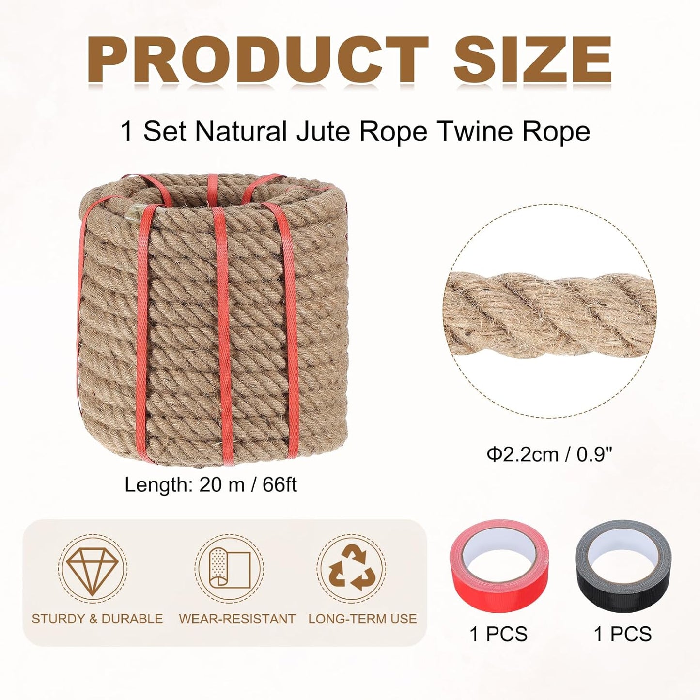 MECCANIXITY Jute Rope 0.9 Inch x 66ft, Thick Twine Rope Ropes Braided Jute Twine Natural Brown Burlap Cord String Heavy Twisted with Tapes for Decorative Crafts Railing Swing Tug of War-VerdiqueGarden