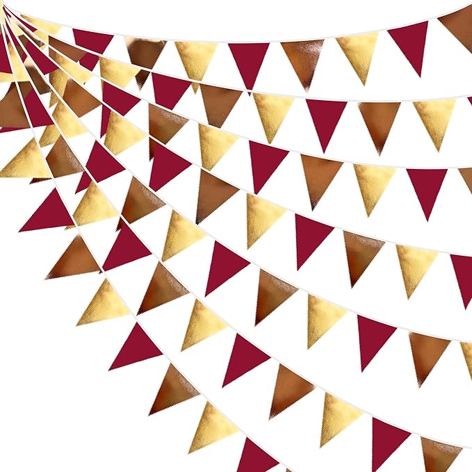 Fall Party Decorations Maroon Gold Brown Metallic Fabric Triangle Pennant Banner Burgundy Flag Bunting Garland for Autumn Thanksgiving Wedding Birthday Bridal Shower Engagement Graduation Garnet Party-VerdiqueGarden