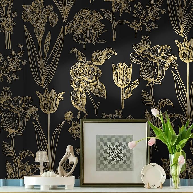 Dimoon 393"x17.3" Floral Wallpaper Peel and Stick Flowers Golden Black Contact Paper Thicken Waterproof Modern Self Adhesive Plants Wallpaper Removable Wall Paper Shelf Vinyl Roll-VerdiqueGarden