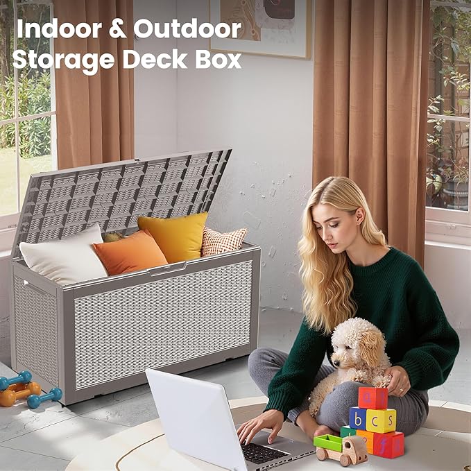 100 Gallon Storage Box, Waterproof Resin Deck Box with Hydraulic Piston Design, Lockable Storage Bench for Package Delivery, Storage Bin for Patio Cushions, Garden Tools, Grey-VerdiqueGarden