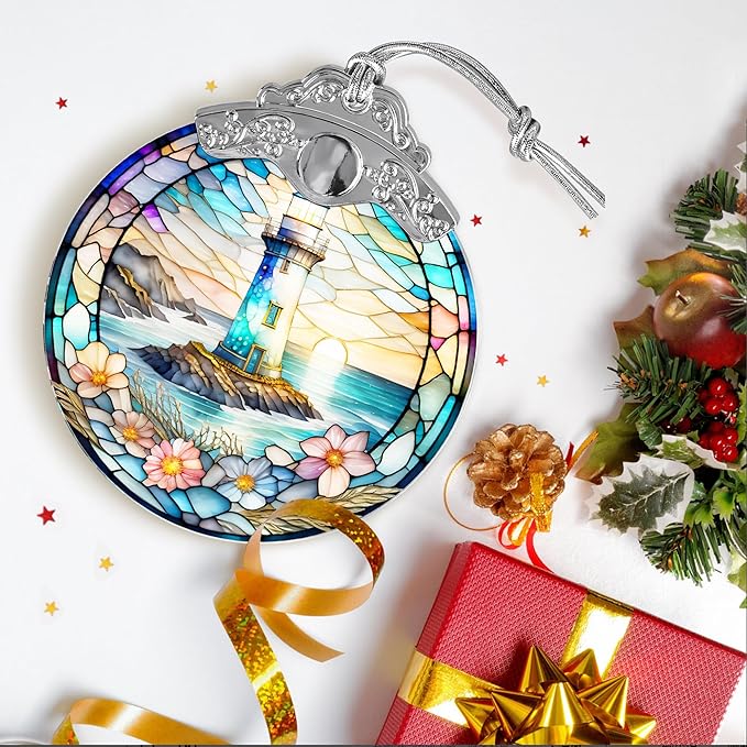 Stained Glass Suncatcher, Jocidea Lighthouse Ornament, Christmas Ornaments, Holidays Ornaments, Christmas Tree Decor, Lighthouse Decor for Home, Lighthouse Gifts-VerdiqueGarden