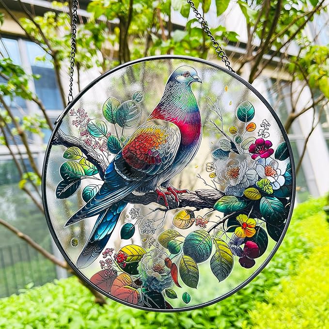 RIVEENY Stained Glass Window Hangings,8" Suncatcher Stained Glass Window Panels,Stained Panel Hangings Gift Women Girls Thanksgiving Birthday Gifts for Mom Grandma (Pigeon)-VerdiqueGarden