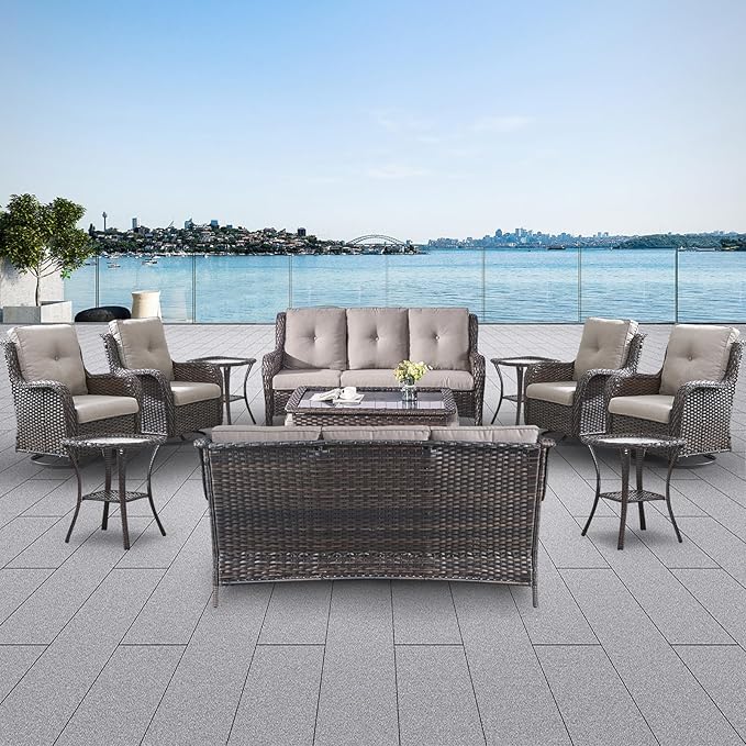 Wicker Patio Furniture Sets - 13 Piece Outdoor Rattan Furniture Conversation Sets with 4 Swivel Rocker Chairs, 2 Rattan Sofas, Wicker Ottomans and Coffee Table, Brown/Grey-VerdiqueGarden