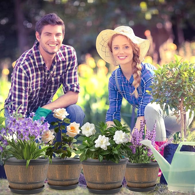 10-inch-Plant-Pots-Indoor-Outdoor, 4 Pack Whiskey Barrel Planters with Drainage Holes & Saucer, Plastic Flower Pots Imitation Wine Barrel Design, Decorative Garden Pots for Plants-VerdiqueGarden