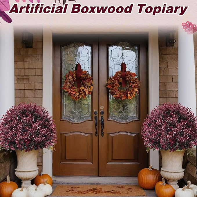 Yunlly 2 Pcs 18 Inch Artificial Boxwood Ball Topiary Tree Fake Outdoor Plants Bush, UV Resistance Faux Shrub with Spike Realistic Greenery Potted for Indoor Garden Yard Porch Patio Decor (Dark Purple)-VerdiqueGarden