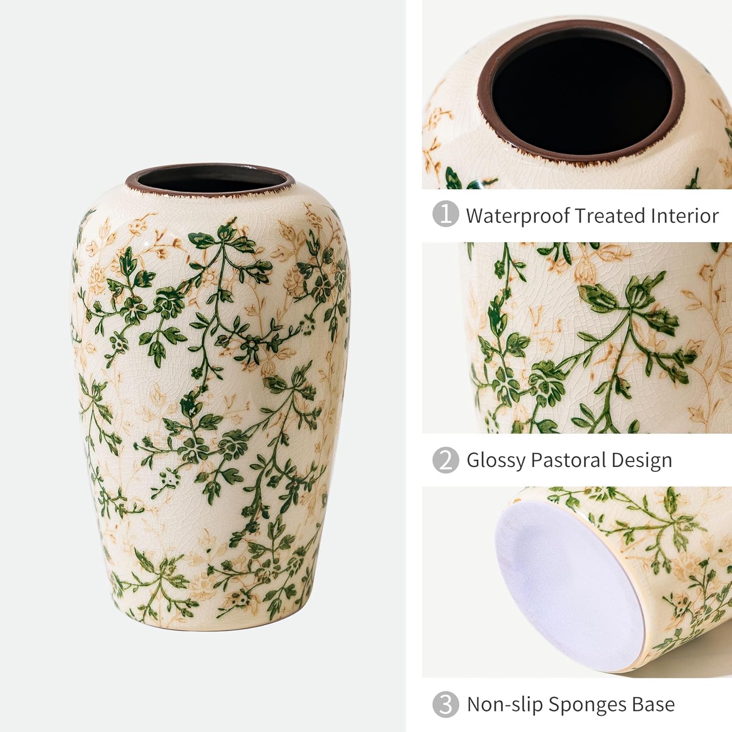 Vintage Pastoral Green and Beige Flower Vase, Ceramic Floral Vases, Retro Ice Cracked Chinoiserie Vase for Home Cottage Core Decor, Bookshelf, Office, Mantel, Wedding Rustic Table Centerpiece 8.5 Inch-VerdiqueGarden